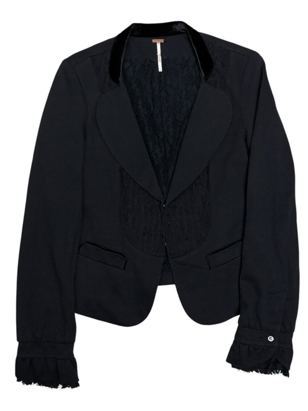 FREE PEOPLE Blazer Jacket Lace Trim Black Business Casual Coat Womens Small